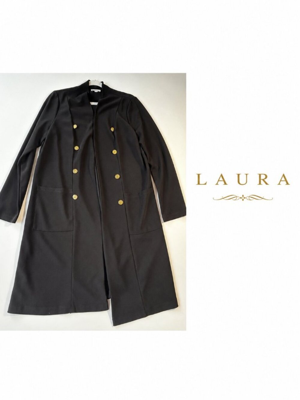 Laura Black Longline Double-Breasted Jacket Coat Gold Buttons Size L